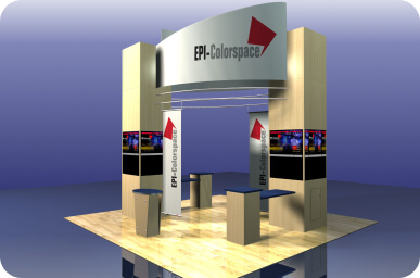 Rendering of an EPI-Colorspace exhibition booth with branded display walls.