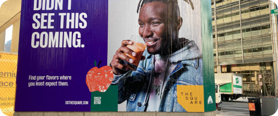 Colorful food advertisement with a portrait and the words Didn't See This Coming.