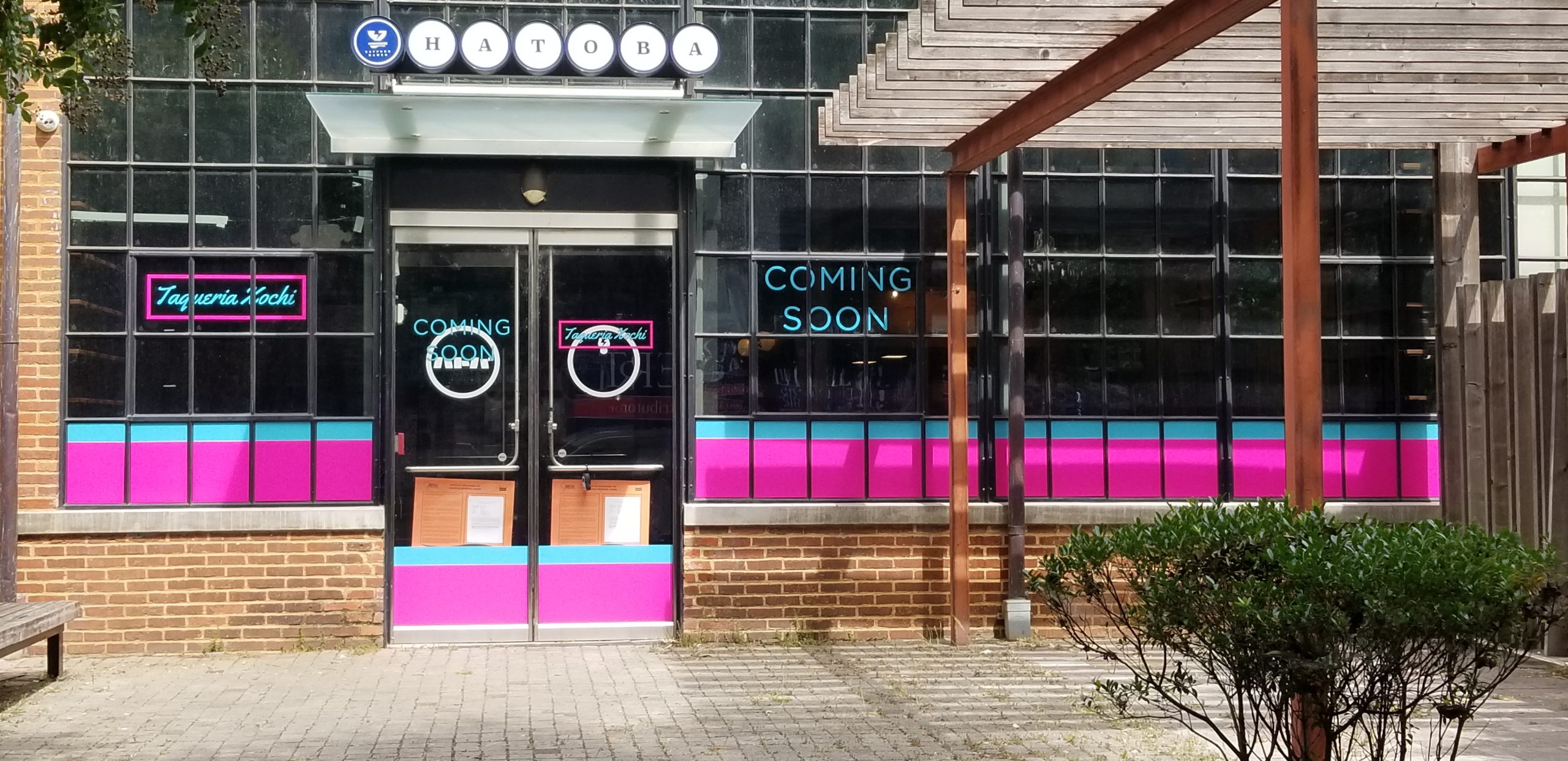 Pink and blue graphics across the windows and doors of a storefront.