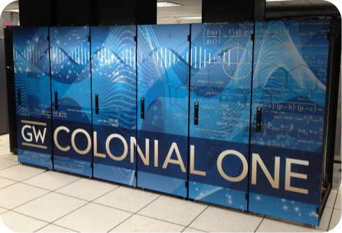 George Washington University Colonial One lettering and blue illustrations on glass panels.