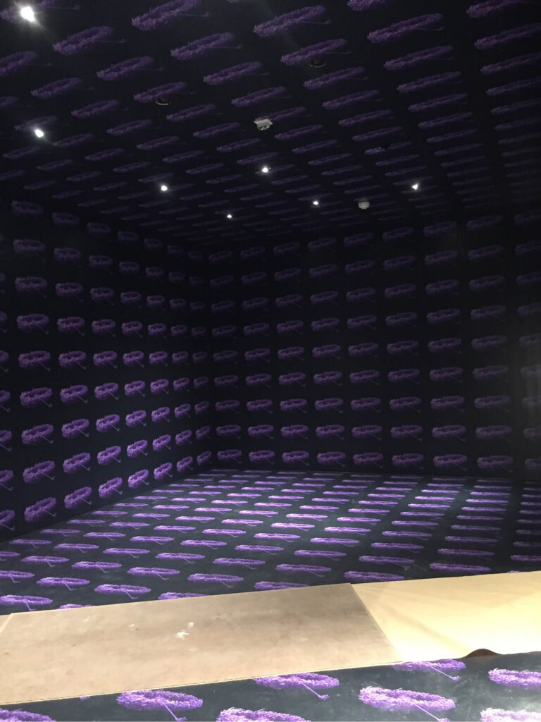 Immersive exhibit room with purple patterned wall and ceiling graphics.
