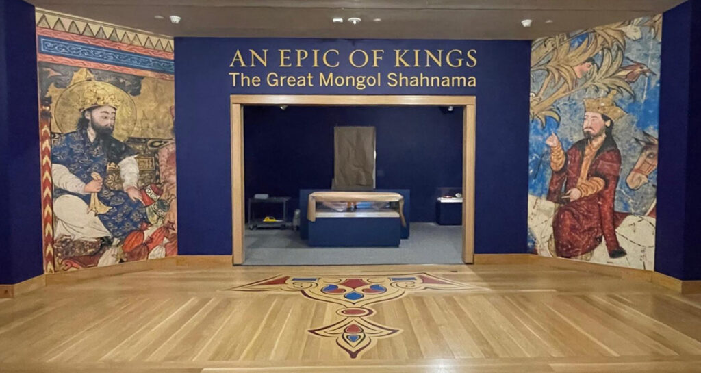 Illustrated entrance panels for An Epic of Kings: The Great Mongol Shahnama exhibition.