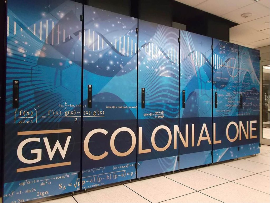George Washington University Colonial One lettering and blue illustrations on glass panels.